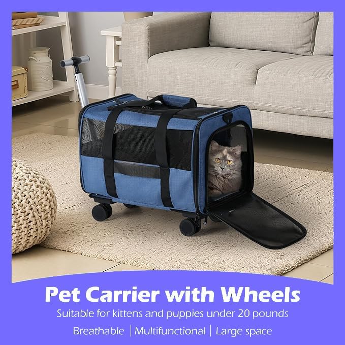 Cat and Dog Carrier with Detachable Wheels, Airline Approved Rolling Pet Carrier,Wheeled Pet Carrier with Telescopic Walking Handle,Foldable Pet Travel Bag