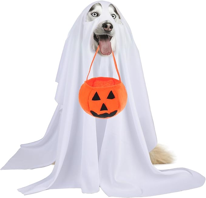 Dog Halloween Costumes - Dog Ghost Costume with Felt Pumpkin Trick or Treat Bucket, Medium Large Dog Halloween Costumes (55Pounds), Funny and Cute Dog Costumes Clothes for Halloween Cosplay Party