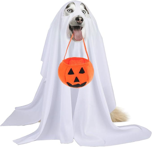 Dog Halloween Costumes - Dog Ghost Costume with Felt Pumpkin Trick or Treat Bucket, Medium Large Dog Halloween Costumes (55Pounds), Funny and Cute Dog Costumes Clothes for Halloween Cosplay Party