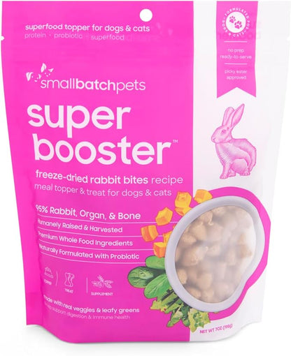 smallbatch Pets Freeze-Dried Super Booster Rabbit Bites for Dogs & Cats, 7 oz, Made in The USA, Humanely Raised Single Protein Source, Topper & Treat, with Organic Vegetables and Probiotics