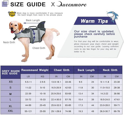 Queenmore Dog Life Jacket Ripstop Shark Dog Safety Vest Adjustable Preserver with High Buoyancy and Durable Rescue Handle for Small