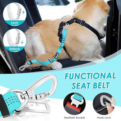 Lukovee Dog Seat Belt for Car, Adjustable Dog Car Harness for Large Medium Small Dogs, Soft Padded & Breathable Mesh Dog Seatbelt with Car Strap and Carabiner(Light Blue Double Clip,Medium)