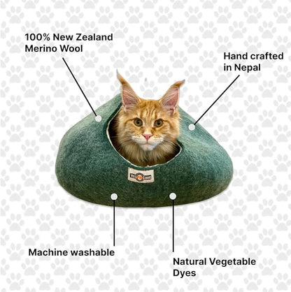 Yeti Pet Cave Pet Bed for Cats and Small Dogs, 100% New Zealand Wool, Green