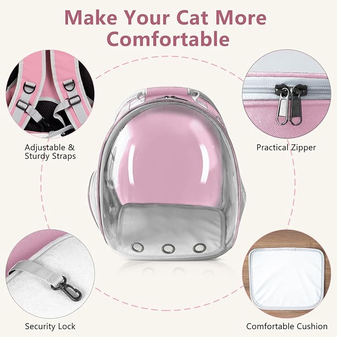 TOYSINTHEBOX Cat Backpack Carrier, Expandable Breathable Pet Bubble Backpack for Cat Small Dog Airline Pet Travel Carrying Bag for Hiking, Travel, Camping & Outdoor Up to 13 Lbs Pink