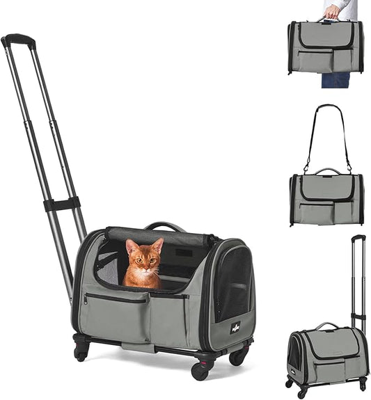 Cat Carrier with Wheels, Foldable Airline Approved Dog Cat Carrier with Wheels for Cat Dog Under 20 lbs, Rolling Cat Carrier Travel Bag with Telescopic Handle for Walking Travel Vet Visits