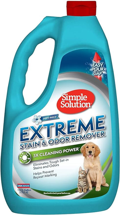 Simple Solution Extreme Pet Stain and Odor Eliminator Spray for Dogs and Cats - Enzymatic Cleaner with 3X Pro-Bacteria Cleaning Power - Strong Urine Pee & Poop Stain Remover - Spring Breeze, 1 Gal