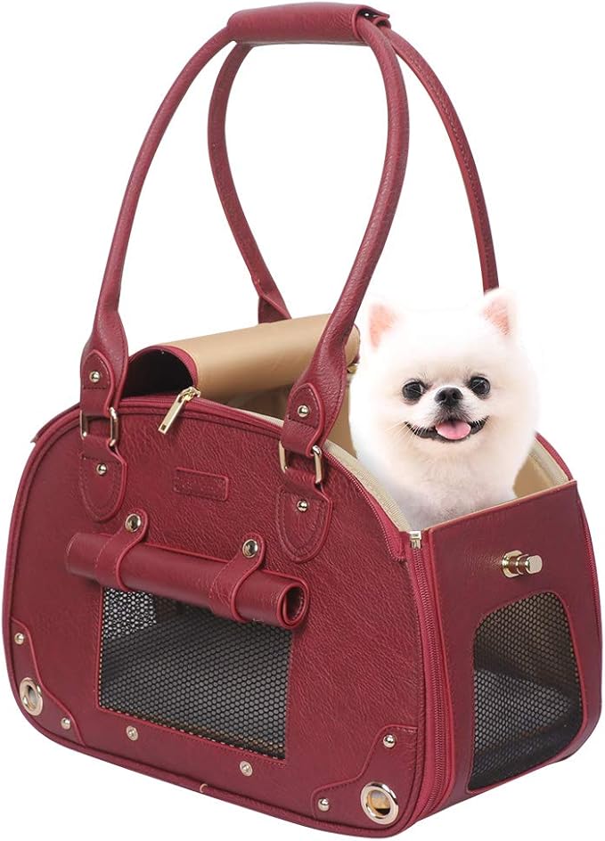 PetsHome Dog Carrier Purse, Pet Carrier, Cat Carrier, Foldable Waterproof Premium Leather Pet Travel Portable Bag Carrier for Cat and Small Dog Home& Outdoor Wine Red