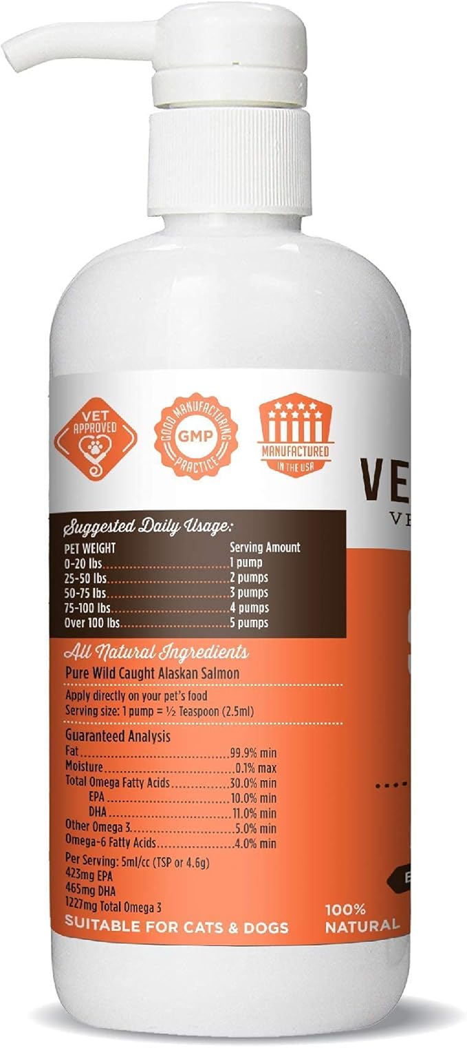 VetPro 100% Pure Wild Alaskan Salmon Oil Supplement for Dogs & Cats, 16 Ounces, Omega 3 & 6 Liquid Fish Oil, Supports Healthy Coat & Joints, Helps Dry Skin & Allergies, Add to Food