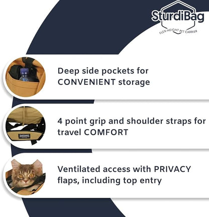 SturdiBag XX-Large Pet Travel Carrier: Flexible Height for Cat and Dog Soft Sided with Safety Clips and Seatbelt Straps | Black, 23" x 15" x 15" (PN: SB4-PRO-BL)