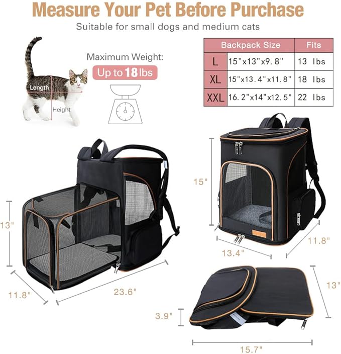 Lekereise Large Cat Backpack Carrier Expandable Pet Carrier Backpack for Small Dogs Medium Cats Fit Up to 18 Lbs, Dog Backpack Carrier, Foldable Puppy Backpack Carrier for Travel, Hiking, Black