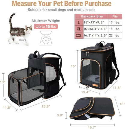 Lekereise Large Cat Backpack Carrier Expandable Pet Carrier Backpack for Small Dogs Medium Cats Fit Up to 18 Lbs, Dog Backpack Carrier, Foldable Puppy Backpack Carrier for Travel, Hiking, Black