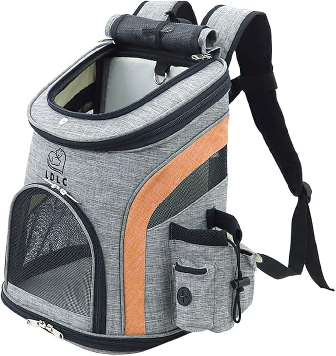 LDLC Pet Carrier Backpack for Small Cats and Dog,Breathable Mesh Puppies/Ventilated Design,Two-Sided Entry,Pet Bag for Hiking Travel Camping Outdoor Hold Pets (M, Grey and Orange)