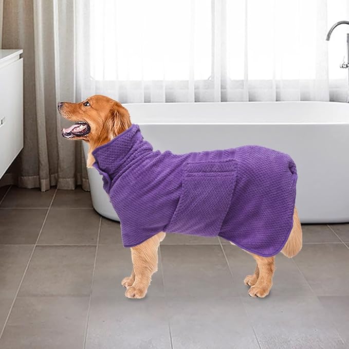 Geyecete Dog Bathrobe Towel Dog Drying Coat-Dry Fast Dog Bag-Pineapple Grid Fast Drying Super Absorbent Pet Dog Cat Bath Robe Towel-Purple-M