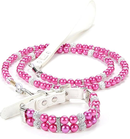 Small Dog Collars for Female Dogs, Pearl Dog Collar Leash Set Cute Pu Leather Cat Necklace with Crystal Rhinestone Diamond for Puppy XS Small Medium Dogs Wedding & Birthday Party Purple XS
