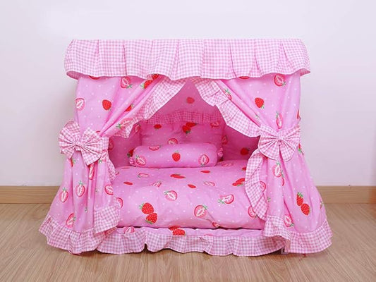 Princess Pink Strawberry Pet Dog Cat Handmade Bed House+1 Candy Pillow Canopy (L)