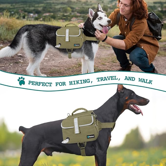 PetAmi Dog Backpack for Medium Large Dogs, Dog Saddle Bag For Dogs to Wear, Tactical Harness Saddlebag with Reflective Safety Side Pockets Hiking Camping, Vest Dog Pack for Travel (Olive Green, Large)