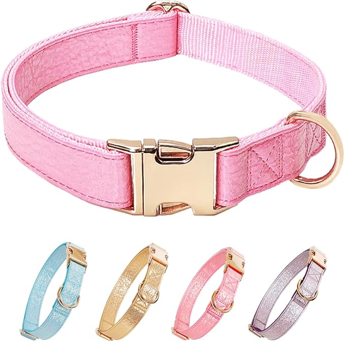 Glare Hot Pink Dog Collar Leather and Nylon Double Layer Thickened Design Adjustable Durable Heavy Duty Dog Collars with Quick Release Metal Buckle for Small Medium Large Dogs M 12.6-19.3"