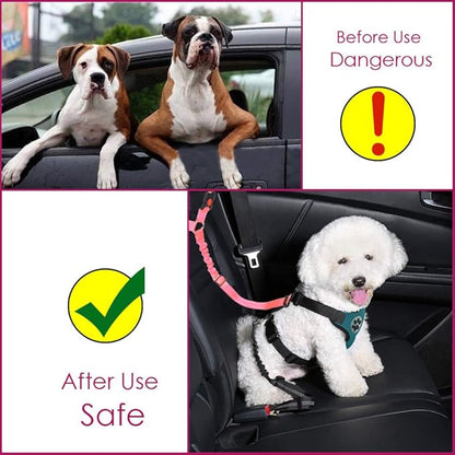 Lukovee Dog Car Seat Belt, 2 Pack Headrest Restraint Seatbelt, Adjustable Pet Safety Leads with Reflective Elastic Bungee for Dog Harness Collar Travel Daily Use (Fluorescent Pink,Headrest)