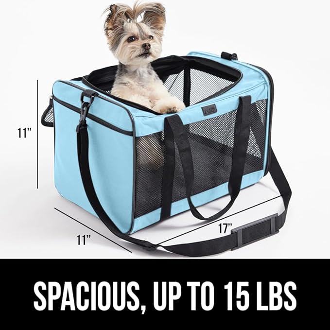 Gorilla Grip Airline Travel Cat Carrier Bag Up to 15 Lbs, Breathable Mesh Collapsible Pet Carriers for Small, Medium Cats, Small Dogs, Puppies, Portable Kennel with Soft Washable Waterproof Pad, Blue