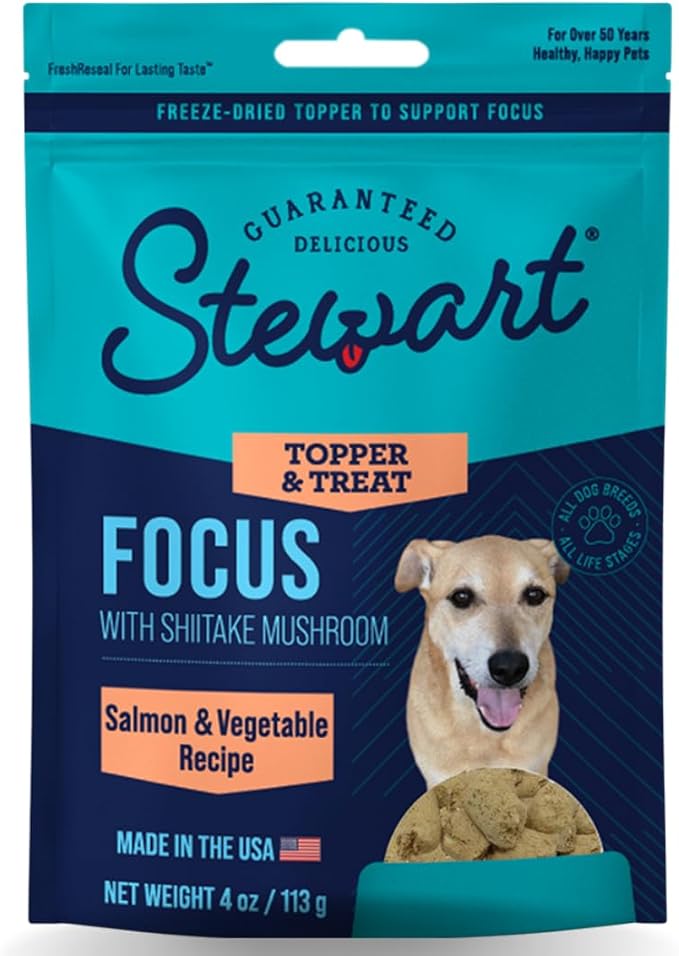 Stewart Freeze Dried Dog Food Topper, Focus, Salmon and Vegetable Recipe, 4 Ounce Pouch, Shiitake Mushrooms and Antioxidants for Cognitive Function