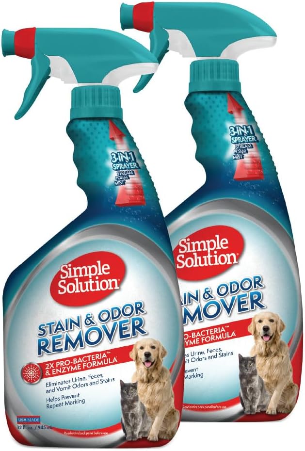 Simple Solution Stain and Odor Eliminator Spray for Dogs & Cats, Enzyme Cleaner With 2X Pro-Bacteria Cleaning Power, Strong Smell Remover for Carpets, Upholstery & Floors, 32 oz (Pack of 2)