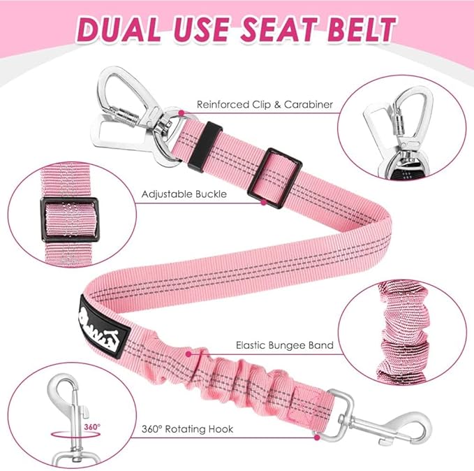 Lukovee Dog Seat Belt for Car, Adjustable Dog Car Harness for Large Medium Small Dogs, Soft Padded & Breathable Mesh Dog Seatbelt with Car Strap and Carabiner(Pink Double Clip,Medium)