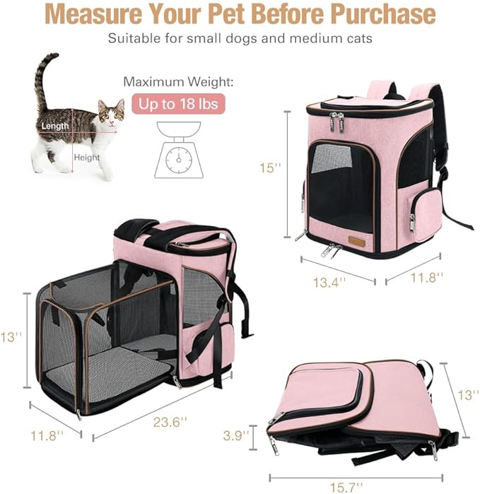 Lekereise Pet Carrier Backpack Expandable Cat Backpack for Small Dogs Cats, Dog Backpack Bag with Breathable Mesh, Pink