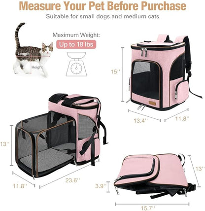 Lekereise Pet Carrier Backpack Expandable Cat Backpack for Small Dogs Cats, Dog Backpack Bag with Breathable Mesh, Pink