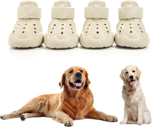 Dog Shoes, Dog Sandals for Hot Pavement Outdoor Dog Boots Non-Slip Waterproof Dog Booties for Summer 4Pcs Dog crocs with Rugged Sole Beige