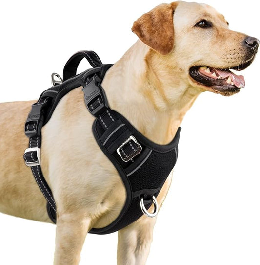 BARKBAY No Pull Dog Harness 3 Buckles Large Step in Reflective Dog Harness with Front Clip and Easy Control Handle for Walking Training Running with ID tag Pocket(Black