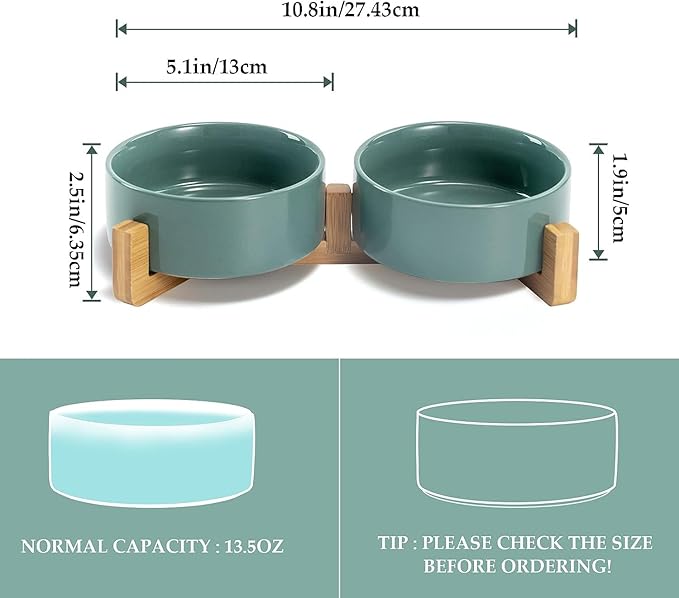 SPUNKYJUNKY Ceramic Dog and Cat Bowl Set with Wooden Stand, Modern Cute Weighted Food Water Set for Small Size Dogs (13.5OZ) & Medium Sized Dogs (28.7OZ) & Cats (1.7 Cups, 2 × Morandi Green)