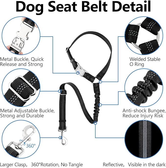 Plutus Pet Dog Seat Belt for Car Headrest, Reflective and Adjustable Restraint with Elastic Bungee for Safety, Vehicle Seatbelt Harness for Small Medium Large Dogs and Cats