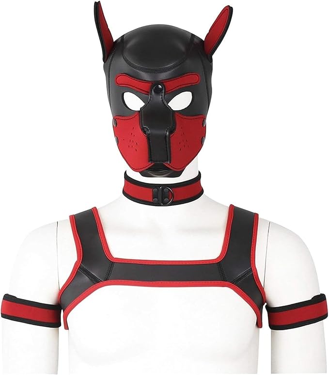 4 Sets Neoprene Puppy Hood Animal Head Mask Novelty Costume Dog (Hood Mask + Collar + Armband + Harness) (Large, Red)