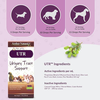 AMBER NATURALZ UTR Urinary Tract Herbal Supplement for Dogs, Cats, Birds, Guinea Pigs, and Rabbits | Pet Herbal Supplement for Bladder Support | 1 Fluid Ounce Glass Bottle | Manufactured in The USA