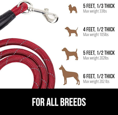 Gorilla Grip Dog Leash, Heavy Duty Reflective Rope Leashes for Large, Medium, Small Breed Dogs, Puppy Training Essential for Walks, Hikes, Soft Handle, Rotating Metal Clip, Waste Bag Dispenser, Red