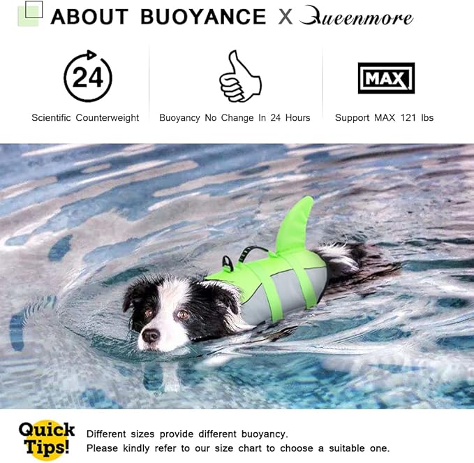 Queenmore Dog Life Jacket Ripstop Shark Dog Safety Vest Adjustable Preserver with High Buoyancy and Durable Rescue Handle for Small