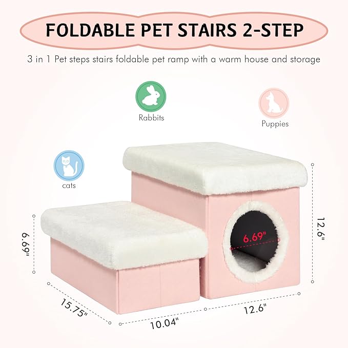 B FSOBEIIALEO Cat House with Toy Storage Box, Cat Condo Stairs for Indoor Room Bed Cat Cave, Foldable Pets beds Pet Steps Pink 15.7x12.6x12.6 inches