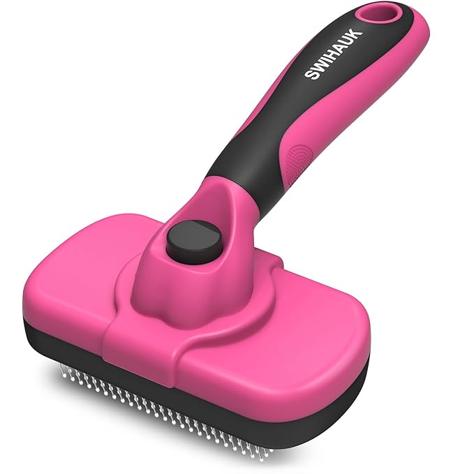 Swihauk Self Cleaning Slicker Brush for Dogs & Cats - Skin Friendly Grooming, Deshedding, Hair Removal for Puppies & Long/Short Haired Pets, Pet Supplies Accessory, Pink