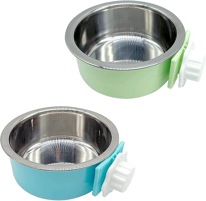 Tfwadmx Crate Dog Bowl Cat Removable Stainless Steel Food and Water Feeder Hanging Cage Bowls Coop Cup with Cleaning Set for Pet Puppy Bird Rat Guinea Pig Ferret Bunny Rabbit 2Pcs