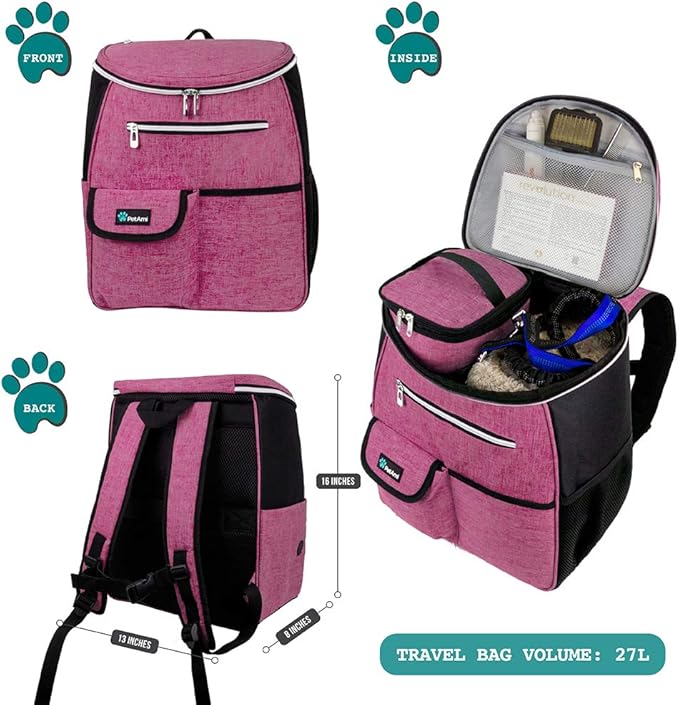 PetAmi Dog Travel Bag Backpack, Airline Approved Dog Bags for Traveling, Puppy Diaper Bag Supplies, Pet Camping Essentials Hiking Accessories Dog Mom Gift, Food Container, Collapsible Bowls, Pink