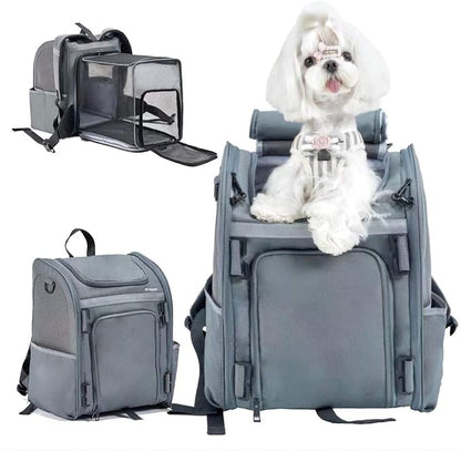 Expandable Pet Carrier, Airline-Approved Foldable and Detachable Backpack, Fits up to 13lbs Cat & 11lbs Small Medium Puppy Dog, Suitable for Car Travel, Outings, Hiking Camping (Grey)