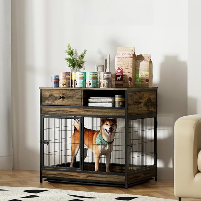 Okak Dog Crate Furniture Wooden Dog Crate Table with Drawers and Wheels Heavy Duty Dog Cage with Double Iron Doors Dog Kennel Indoor for Medium/Large Dog Brown,31.5" L