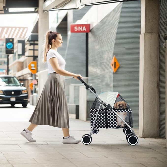 4 Wheels Posh Foldable Pet Stroller for Medium Small Dogs/Cats 33lbs(Black Dot)