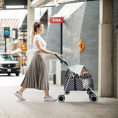 4 Wheels Posh Foldable Pet Stroller for Medium Small Dogs/Cats 33lbs(Black Dot)