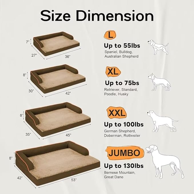 Large Dog Bed Orthopedic Washable: Extra Brown Large Big Dog Bed with Removable Bolster & Memory Foam Couch Sofa