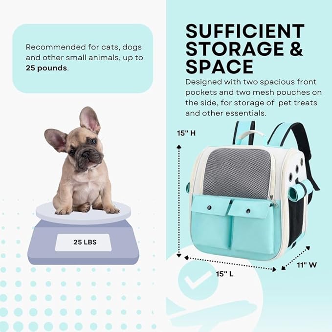 Portable Pet Carrier Backpack for Cats, Dogs and Small Animals Up to 25lbs l Ventilated Mesh Design l Airline-Approved l Ideal for Travel, Hiking, Camping (Turquoise)