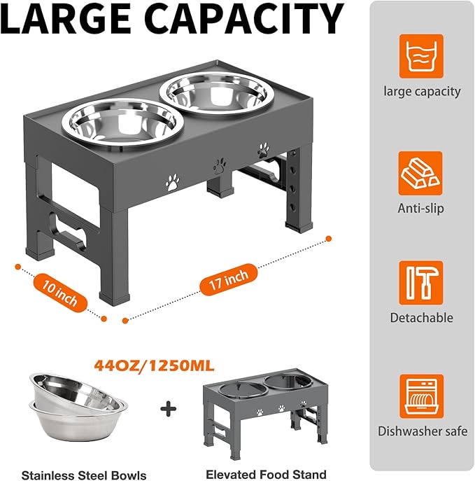 Elevated Dog Bowls, 5 Height Adjustable Raised Dog Bowl Stand with 2 Stainless Steel Dog Food Bowls Non-Slip Dog Feeder for Medium Large Dogs Adjusts to 3.1”, 9”, 10”, 11”, 12”