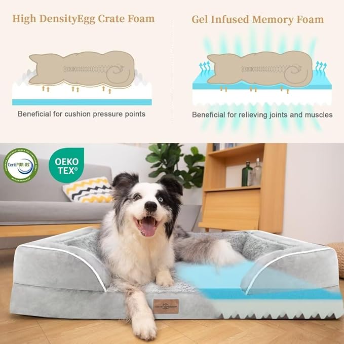 XXL Dog Bed for Extra Large Dogs, Cooling Dog Bed, Orthopedic Memory Foam Dog Bed for Giant Dogs, Waterproof Dog Bed with Bolster & Removable Cover(XX-Large,Light Grey)