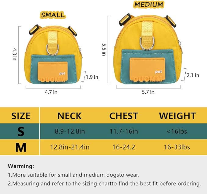 Dog Backpack Harness with Leash,Cute Pet Puppy Backpacks Bulid-in Dog Poop Bag Dispenser,Adjustable Pets Self Carrier Bag for Small Medium Dogs Travel Hiking Daily Walking(S, Yellow)