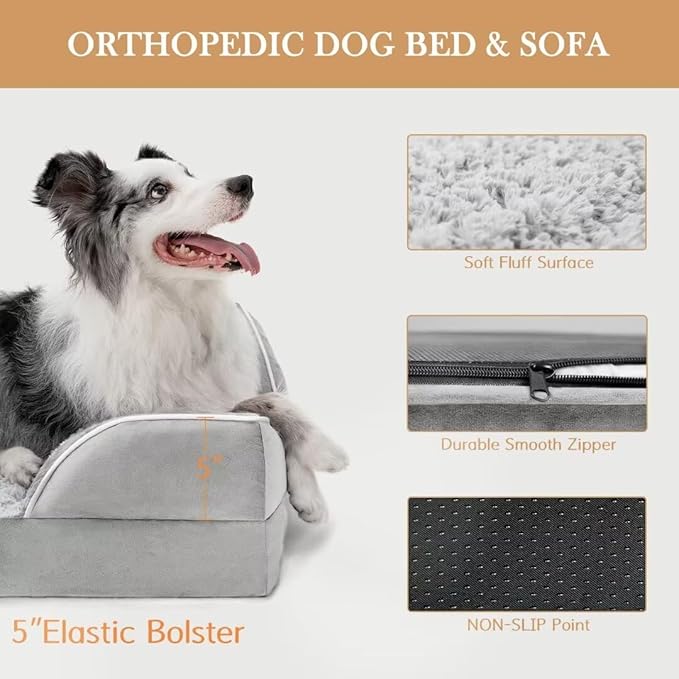 XL Dog Bed Waterproof, Extra Large Dog Beds Orthopedic Foam, Large Dog Beds with Bolster, Washable Dog Bed Sofa Pet Bed with Removable Cover & Non-Slip Bottom(X-Large,Grey White)